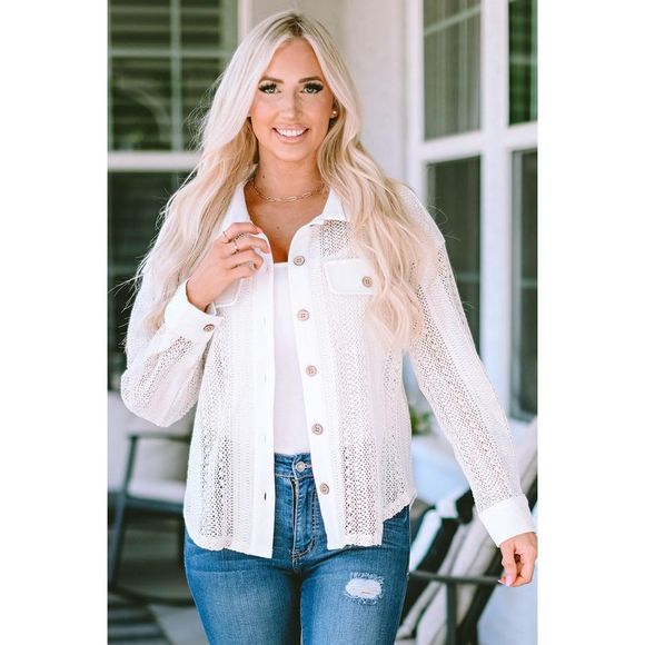 Azura Exchange  Beige Lace See-through Button Collared Shacket - Picture 15 of 15